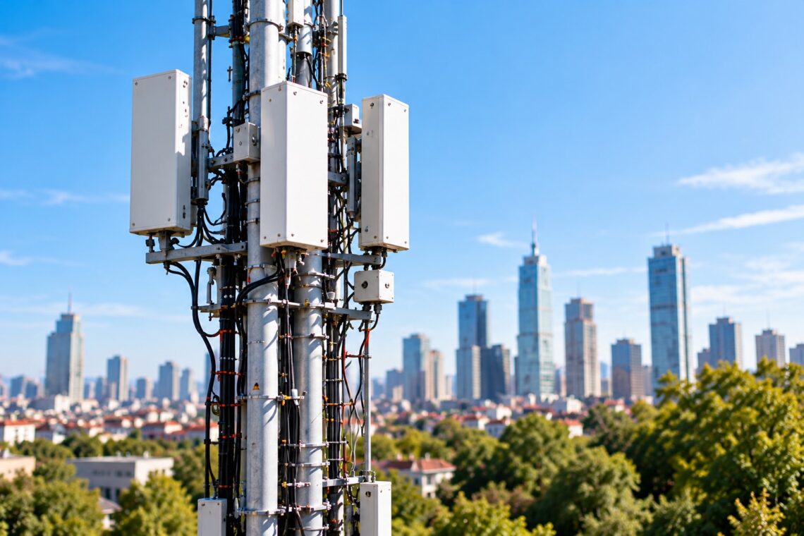 Antenne télécom et skyline urbaine