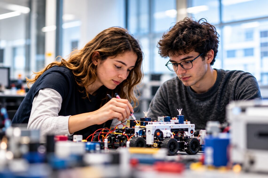 Étudiants concevant un robot en laboratoire